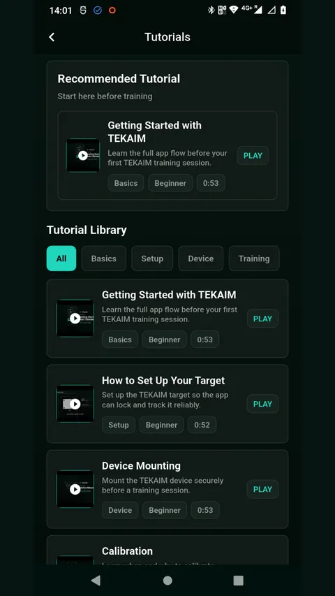 TEKAIM internal-test Tutorials screen